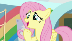 Size: 1920x1080 | Tagged: safe, screencap, fluttershy, pegasus, pony, g4, she's all yak, female, mare, open mouth, raised hoof, solo