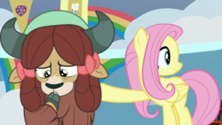 Size: 1920x1080 | Tagged: safe, screencap, fluttershy, yona, pegasus, pony, yak, g4, she's all yak, bow, cloven hooves, duo, female, hair bow, mare, monkey swings