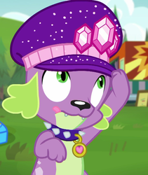 Size: 1050x1242 | Tagged: safe, screencap, spike, spike the regular dog, dog, equestria girls, g4, lost and pound, lost and pound: spike, my little pony equestria girls: choose your own ending, cropped, cute, male, nice hat, paws, solo, spikabetes, spike's dog collar, spike's festival hat