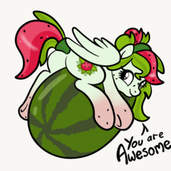 Size: 2100x2100 | Tagged: safe, artist:sjart117, oc, oc only, oc:watermelana, pegasus, pony, butt, female, food, freckles, gradient hooves, high res, looking at you, looking back, looking back at you, mare, motivational, plot, positive ponies, solo, speech, underhoof, watermelon
