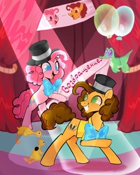 Size: 1728x2160 | Tagged: safe, artist:switchsugar, boneless, cheese sandwich, gummy, pinkie pie, earth pony, pony, g4, bow ties, cyrillic, female, hat, implied cheesepie, implied shipping, male, party, russian, smiling, stage
