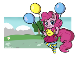 Size: 3276x2475 | Tagged: safe, artist:greyeater, pinkie pie, earth pony, anthro, unguligrade anthro, g4, balloon, clothes, cute, diapinkes, female, high res, miniskirt, shirt, simple background, skirt, socks, solo, stockings, striped socks, thigh highs, zettai ryouiki
