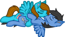 Size: 997x563 | Tagged: safe, artist:zeka10000, oc, oc only, oc:diamond breeze, oc:neo miles, pegasus, pony, unicorn, eyes closed, female, hug, kissing, lying, male, mare, request, requested art, romantic, shipping, simple background, stallion, transparent background, wings