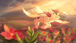 Size: 3352x1920 | Tagged: safe, artist:ecolinegd, oc, pegasus, pony, commission, crepuscular rays, cutie mark, flower, flying, sunset