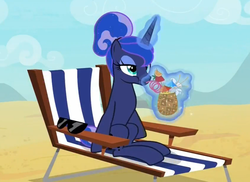 Size: 900x656 | Tagged: safe, screencap, princess luna, alicorn, pony, between dark and dawn, g4, cute, drinking, drinking straw, female, food, herbivore, lunabetes, magic, mare, pineapple, solo, sunglasses, telekinesis, we don't normally wear clothes