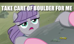 Size: 600x357 | Tagged: safe, edit, edited screencap, screencap, maud pie, pinkie pie, g4, rock solid friendship, caption, discovery family logo, image macro, imminent death, solo focus, text