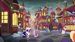 Size: 2880x1620 | Tagged: safe, screencap, baroque cloak, bon bon, diamond tiara, evening stroll, natural deduction, octavia melody, paraviolet, rising yeast, spoiled rich, sweetie drops, earth pony, pony, unicorn, a hearth's warming tail, g4, bonnet, butt, canterlot, city, clothes, dress, female, filly, foal, hat, hearth's warming eve, holly, hood, male, mare, plot, snow, stallion, street, wreath