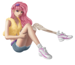 Size: 1654x1436 | Tagged: safe, artist:amarthgul, kerfuffle, human, g4, my little pony: rainbow roadtrip, amputee, belt, clothes, female, humanized, legs, midriff, prosthetic leg, prosthetic limb, prosthetics, shoes, shorts, simple background, sneakers, socks, solo, transparent background, vest