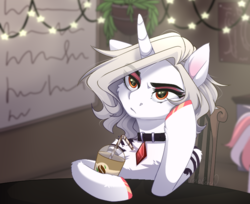 Size: 775x631 | Tagged: safe, artist:holocorn, oc, oc only, pony, unicorn, annoyed, chair, coffee, collar, solo