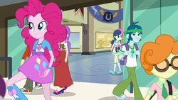Size: 1280x720 | Tagged: safe, screencap, bon bon, captain planet, normal norman, pinkie pie, scribble dee, starlight, sweetie drops, all's fair in love & friendship games, equestria girls, g4, my little pony equestria girls: friendship games, background human, backpack, boots, canterlot high, clothes, cute, dress, female, male, mary janes, miniskirt, pants, scribblebetes, shoes, skipping, skirt, sneakers, socks
