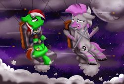 Size: 1024x699 | Tagged: safe, artist:theartistsora, oc, oc:chifundo, oc:wandering sunrise, earth pony, hybrid, pony, zebra, zony, fallout equestria, fallout equestria: dead tree, clothes, comedy, ejector seat, fallout, jumpsuit, moon, night, parachute, pipbuck, stable-tec, vault suit, wandering sunrise