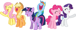 Size: 11754x4772 | Tagged: safe, artist:flutterguy317, applejack, fluttershy, pinkie pie, rainbow dash, rarity, twilight sparkle, pony, unicorn, g4, female, mane six, nose in the air, open mouth, simple background, singing, transparent background, unicorn twilight, uvula