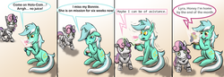 Size: 3508x1200 | Tagged: safe, artist:lizardwithhat, bon bon, lyra heartstrings, sweetie belle, sweetie drops, pony, robot, robot pony, unicorn, g4, angry, blush sticker, blushing, comic, crying, cute, dialogue, dying batteries, female, happy, hologram, lesbian, lyrabetes, mare, sad, ship:lyrabon, shipping, speech bubble, sweetie bot, watch, wavy mouth, wristwatch