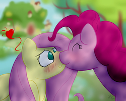 Size: 1500x1200 | Tagged: safe, artist:voraciouscutie, fluttershy, pinkie pie, earth pony, pegasus, pony, g4, blushing, cute, dappled sunlight, female, floating heart, heart, kiss on the lips, kissing, lesbian, love, mare, ship:flutterpie, shipping
