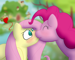 Size: 1500x1200 | Tagged: safe, artist:voraciouscutie, fluttershy, pinkie pie, earth pony, pegasus, pony, g4, blushing, cute, female, floating heart, heart, kiss on the lips, kissing, lesbian, love, mare, ship:flutterpie, shipping