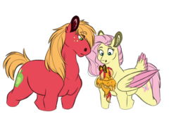 Size: 1280x864 | Tagged: safe, artist:colourstrike, edit, big macintosh, fluttershy, oc, oc:chrysanthos, earth pony, pegasus, pony, g4, baby, baby pony, behaving like a bat, clinging, colored wings, colt, confused, cropped, ear fluff, family, female, freckles, looking down, male, mare, missing accessory, offspring, parent, parent:big macintosh, parent:fluttershy, parents:fluttermac, ship:fluttermac, shipping, simple background, stallion, straight, tail feathers, white background, wings