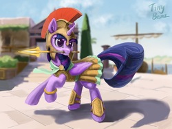 Size: 2048x1536 | Tagged: safe, artist:tinybenz, twilight sparkle, alicorn, pony, g4, scare master, armor, assassin's creed, athena sparkle, clothes, cosplay, costume, cute, female, galea, greek clothes, greek helmet, greek mythology, helmet, mare, mouth hold, nightmare night costume, solo, spartan, spear, spear of leonidas, twiabetes, twilight sparkle (alicorn), weapon