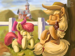 Size: 2048x1536 | Tagged: safe, artist:tinybenz, apple bloom, applejack, earth pony, pony, g4, apple sisters, duo, eyes closed, female, fence, filly, guitar, mare, musical instrument, profile, prone, siblings, sisters, smiling, sweet apple acres, tree, under the tree