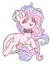 Size: 1250x1600 | Tagged: safe, artist:hawthornss, oc, oc only, oc:cotton lullaby, demon, demon pony, original species, cloven hooves, collar, cute, cute little fangs, fangs, forked tongue, horns, leonine tail, looking at you, simple background, solo, tongue out, transparent background