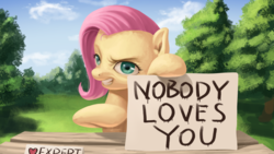 Size: 1920x1080 | Tagged: safe, artist:amarthgul, fluttershy, pegasus, pony, g4, dreamworks face, female, flutterbitch, grass, grin, mare, out of character, raised hoof, sad but true, sign, smiling, solo, tree