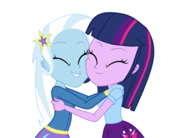 Size: 1200x957 | Tagged: safe, artist:angelina-pax, artist:grapefruitface1, derpibooru exclusive, trixie, twilight sparkle, equestria girls, g4, base used, female, hug, lesbian, requested art, ship:twixie, shipping, simple background, transparent background