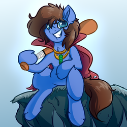 Size: 4000x4000 | Tagged: safe, artist:witchtaunter, oc, oc only, oc:bizarre song, earth pony, pony, baseball bat, cape, clothes, commission, jewelry, necklace, sitting, solo