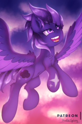 Size: 1500x2250 | Tagged: safe, artist:shad0w-galaxy, oc, oc only, oc:shadow galaxy, pegasus, pony, evening, female, flying, large wings, looking up, mare, open mouth, solo, wings