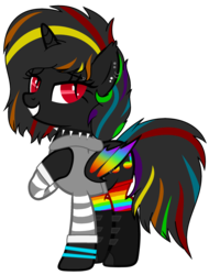 Size: 1730x2271 | Tagged: safe, artist:pegasski, artist:rukemon, oc, oc only, oc:night rainbow, alicorn, bat pony, bat pony alicorn, pony, g4, alicorn oc, base used, bat pony oc, boots, choker, clothes, commission, ear piercing, earring, eyebrow piercing, female, hoodie, jewelry, mare, multicolored hair, piercing, rainbow hair, rainbow socks, raised hoof, red eyes, shoes, simple background, slit pupils, socks, solo, spiked choker, striped socks, transparent background, wing piercing, wristband