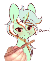 Size: 1136x1323 | Tagged: safe, artist:ninzin, lyra heartstrings, pony, unicorn, g4, 420, drugs, female, high, marijuana, meme, red eyes, smoke, solo, spanish, suddenly hands, ¿quieres?