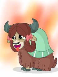 Size: 2048x2732 | Tagged: safe, artist:justsomepainter11, yona, yak, g4, school daze, adorable face, behaving like a dog, bow, cloven hooves, cuddly, cute, cuteness overload, daaaaaaaaaaaw, female, funny, hair bow, high res, huggable, monkey swings, panting, show accurate, silly, solo, tongue out, yonadorable