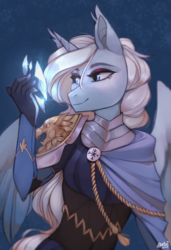 Size: 1400x2050 | Tagged: safe, artist:varllai, oc, oc only, oc:permafrost, alicorn, anthro, alicorn oc, anthro oc, clothes, commission, eyeshadow, female, makeup, mare, signature, smiling, solo