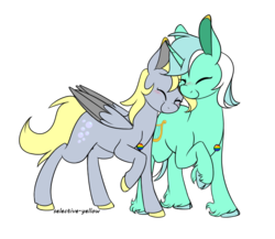 Size: 750x650 | Tagged: safe, artist:lesbian-sunshim, artist:selective-yellow, derpy hooves, lyra heartstrings, pegasus, pony, unicorn, g4, female, lesbian, lyraderp, nuzzling, shipping, simple background, transparent background, unshorn fetlocks, wings