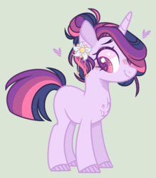 Size: 1014x1156 | Tagged: safe, artist:nocturnal-moonlight, oc, oc only, pony, unicorn, female, flower, flower in hair, magical lesbian spawn, mare, offspring, parent:rainbow dash, parent:twilight sparkle, parents:twidash, simple background, solo