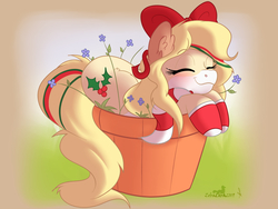 Size: 2100x1575 | Tagged: safe, artist:zobaloba, oc, oc only, oc:hollie, earth pony, pony, commission, flower, flower pot, soft shading, solo, ych example, ych result