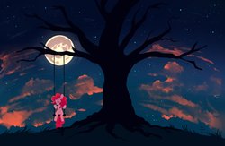 Size: 2048x1336 | Tagged: safe, artist:mirtash, pinkie pie, earth pony, pony, rcf community, g4, cloud, eyes closed, female, full moon, mare, moon, night, scenery, sitting, sky, smiling, solo, stars, swing, tree