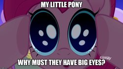 Size: 888x499 | Tagged: safe, edit, edited screencap, screencap, pinkie pie, earth pony, pony, g4, my little pony: rainbow roadtrip, big eyes, caption, image macro, looking at you, meme, text
