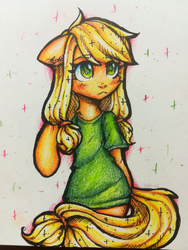Size: 1620x2160 | Tagged: safe, artist:zefirka, applejack, earth pony, pony, g4, clothes, female, mare, paper, shirt, solo, traditional art