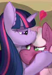Size: 1004x1440 | Tagged: safe, artist:not_texmex, derpibooru exclusive, cheerilee, twilight sparkle, earth pony, pony, g4, close-up, comforting, duo, ear fluff, female, heart, hug, lesbian, love, nuzzling, scrunchy face, ship:cheerilight, shipping, simple background, teary eyes
