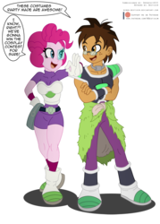Size: 900x1257 | Tagged: safe, artist:niban-destikim, pinkie pie, oc, oc:copper plume, equestria girls, g4, alternate hairstyle, brazil, broly, canon x oc, cheelai, clothes, commission, commissioner:imperfectxiii, cosplay, costume, crossed arms, dragon ball, dragon ball super, dragon ball super: broly, female, freckles, glasses, hand on hip, male, scouter, simple background, straight, tatiane keplmair, transparent background, voice actor joke