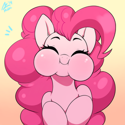 Size: 2000x2000 | Tagged: safe, artist:aer0 zer0, pinkie pie, earth pony, pony, :i, anatomically incorrect, aweeg*, blushing, bust, c:, chipmunk cheeks, cute, diapinkes, ear fluff, eyes closed, female, gradient background, hnnng, human shoulders, mare, ponk, puffy cheeks, simple background, smiling, solo, yellow background