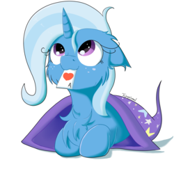Size: 1500x1500 | Tagged: safe, artist:fajnyziomal, trixie, pony, unicorn, g4, ace of hearts, card, cheek fluff, chest fluff, clothes, cute, diatrixes, female, floppy ears, hat, holding, mare, mouth hold, playing card, prone, simple background, solo, trixie's hat, white background
