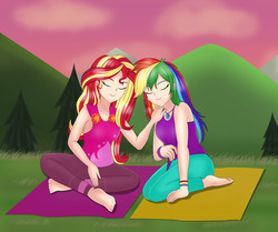 Size: 1984x1660 | Tagged: safe, artist:anonix123, rainbow dash, sunset shimmer, human, equestria girls, g4, my little pony equestria girls: choose your own ending, wake up!, wake up!: rainbow dash, barefoot, clothes, eyes closed, feet, female, human coloration, humanized, lesbian, shipping, smiling, sunsetdash, yoga, yoga mat