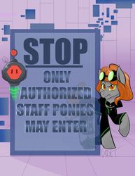 Size: 1280x1657 | Tagged: safe, artist:cadetredshirt, oc, oc only, oc:baroness blaze, pony, robot, babscon, babscon 2019, babscon mascots, clothes, confused, frown, goggles, grid, jacket, looking at camera, looking at you, redhead, shoes, sign, solo, text