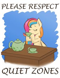 Size: 1280x1657 | Tagged: safe, artist:cadetredshirt, oc, oc only, oc:golden gates, pegasus, pony, babscon, babscon mascots, cup, drinking, eyes closed, food, gradient background, simple background, sitting, solo, table, tea, teacup, teapot, text