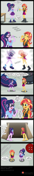Size: 850x4370 | Tagged: safe, artist:niban-destikim, sci-twi, sunset shimmer, twilight sparkle, human, comic:the shrinking project, equestria girls, equestria girls series, g4, accessory, barefoot, barefooting, belt, boots, bow, bowtie, button, clothes, comic, comic strip, commission, cutie mark on human, dialogue, didn't think this through, exclamation point, feet, female, geode of empathy, glasses, hairpin, jacket, leather, leather jacket, leather shoes, leather vest, magic, magical geodes, micro, miniskirt, no socks, panties, paper clip, ponytail, potion, question mark, shirt, shoes, shrinking, skirt, socks, speech bubble, standing, symbol, table, talking, text, toes, together, underwear, upskirt, vest, wall of tags, white underwear, woman