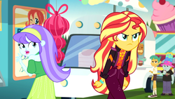 Size: 1914x1080 | Tagged: safe, screencap, aqua blossom, snails, snips, sunset shimmer, equestria girls, equestria girls specials, g4, my little pony equestria girls: better together, my little pony equestria girls: sunset's backstage pass, angry, background human, female, food truck, geode of empathy, hairband, magical geodes, male, snips's festival hat, sunset shimmer is not amused, unamused