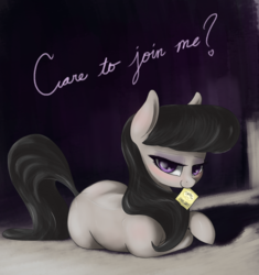 Size: 1411x1500 | Tagged: safe, artist:t72b, derpibooru exclusive, octavia melody, earth pony, pony, g4, beautiful, bedroom eyes, blushing, cute, dark, female, food, looking at you, looking over shoulder, lying down, mare, misleading thumbnail, mouth hold, ponyloaf, pretty, prone, raised tail, solo, tail, tavibetes, tea