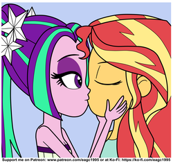 Size: 2167x2035 | Tagged: safe, artist:eagc7, aria blaze, sunset shimmer, human, equestria girls, g4, bare shoulders, clothes, duo, female, high res, kiss on the lips, kissing, ko-fi, lesbian, patreon, shipping, siblings, simple background, sisters, sleeveless, strapless, sunblaze