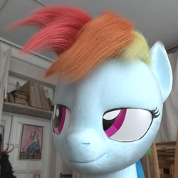Size: 1800x1800 | Tagged: safe, artist:vefka, rainbow dash, pony, g4, 3d, 3d model, blender, blender cycles, bust, detailed background, female, lidded eyes, looking away, mare, portrait, purple eyes, rainbow hair, realistic, smiling, solo