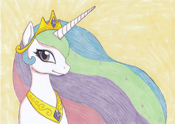 Size: 3460x2448 | Tagged: safe, artist:deoxtri, princess celestia, pony, g4, bust, ethereal mane, female, high res, portrait, simple background, smiling, solo, traditional art, windswept mane, yellow background